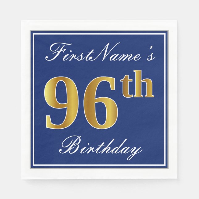 Serviette Jetable Bleu élégant, Faux Gold 96e anniversaire; Nom pers (Devant)