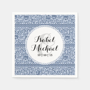 Serviette Jetable Bleu et blanc Floral Tudor Damask Style Vintage