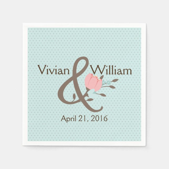 Serviette Jetable Bleu et Corail Mariage floral Napkin (Devant)