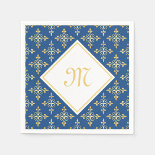 Serviette Jetable Bleu et or de luxe Quatre de monogramme floral