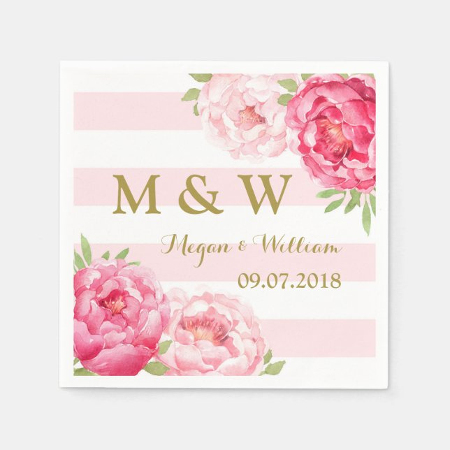 Serviette Jetable Bleu rayures rose Mariage d'aquarelle Monogramme (Devant)
