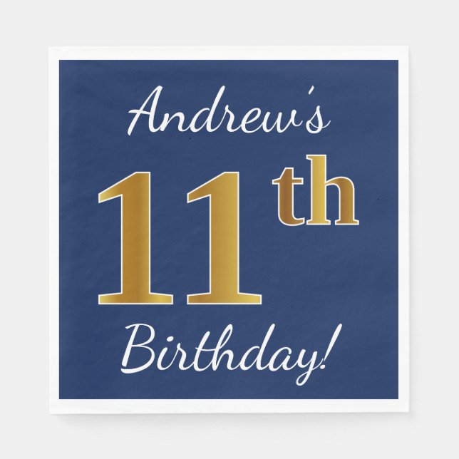 Serviette Jetable Blue, Faux Gold 11e anniversaire + Nom personnalis (Devant)