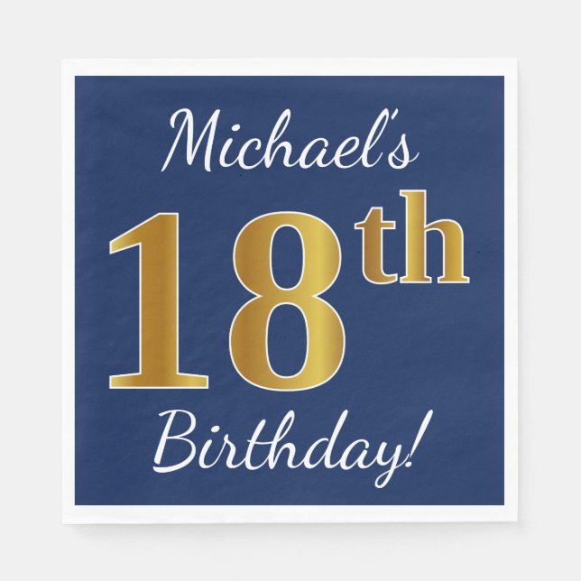 Serviette Jetable Blue, Faux Gold 18e anniversaire + Nom personnalis (Devant)