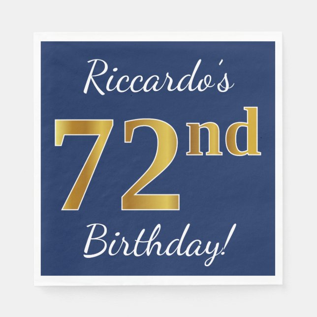Serviette Jetable Blue, Faux Gold 72e anniversaire + Nom personnalis (Devant)
