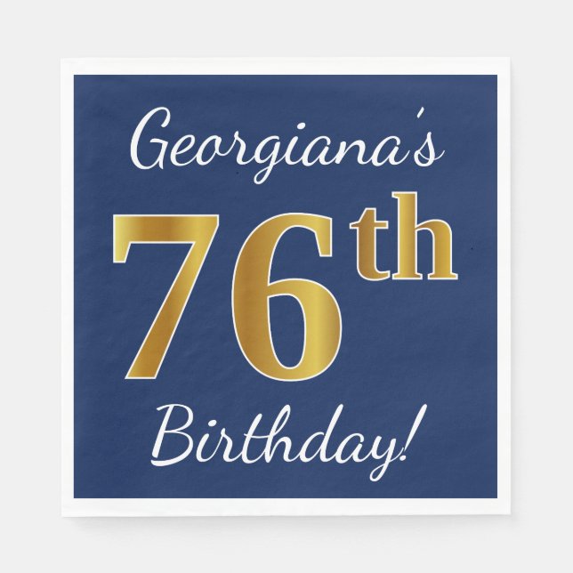 Serviette Jetable Blue, Faux Gold 76e anniversaire + Nom personnalis (Devant)