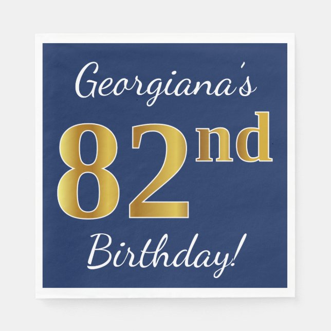 Serviette Jetable Blue, Faux Gold 82e anniversaire + Nom personnalis (Devant)