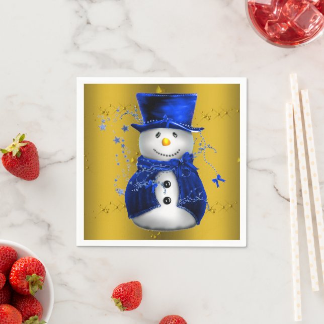 Serviette Jetable Blue Snowman sur Gold Christmas (En situation)