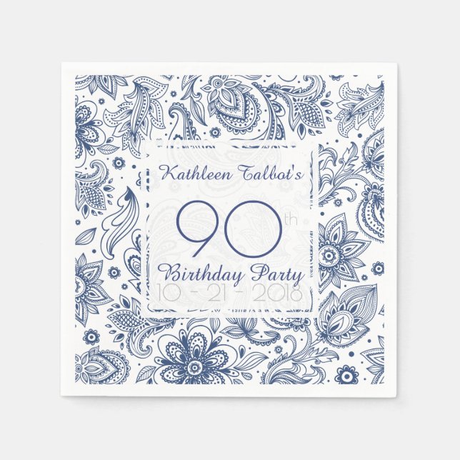 Serviette Jetable Blue Vintage 90e Anniversaire Papier de fête Napki (Devant)