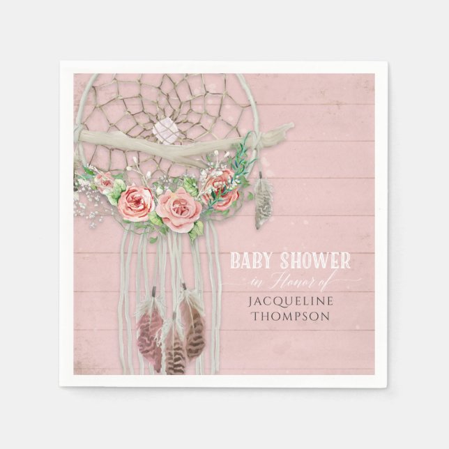 Serviette Jetable BOHO Baby shower Plumes Dream Catcher Roses en boi (Devant)