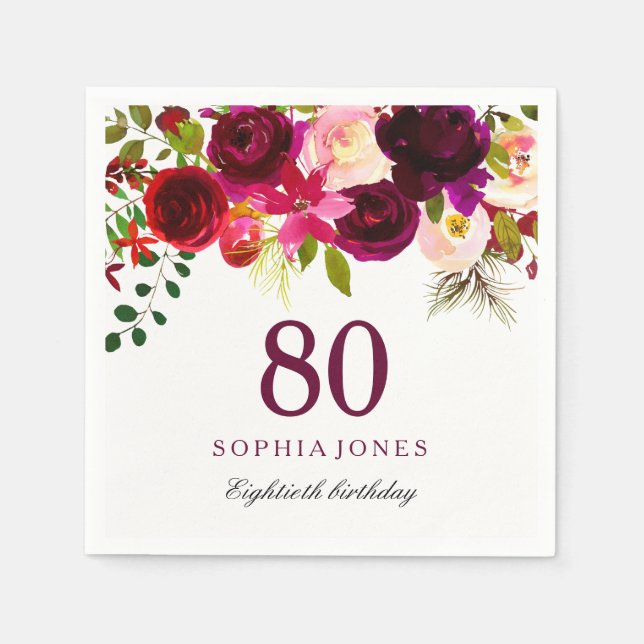 Serviette Jetable Boho rouge Bourgogne 80e fête d'anniversaire (Devant)