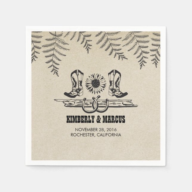 Serviette Jetable Bottes Tournesol Cowboy Mariage campagnard rustiqu (Devant)