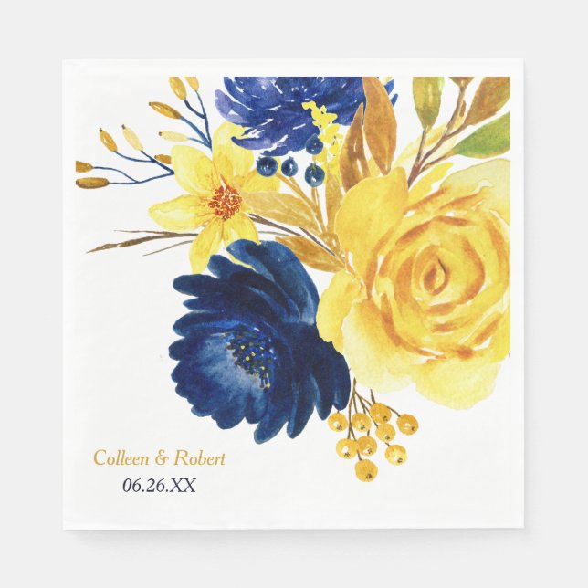 Serviette Jetable Bright Gold Navy Blue Floral Mariage (Devant)