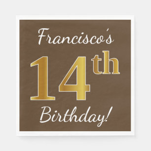 Serviette Jetable Brown, Faux Gold 14e anniversaire + Nom personnali