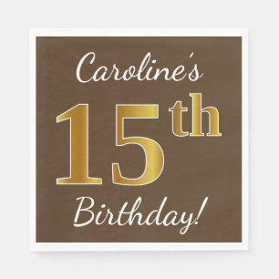 Serviette Jetable Brown, Faux Gold 15e anniversaire + Nom personnali