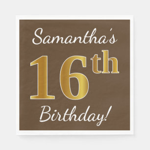Serviette Jetable Brown, Faux Gold 16e anniversaire + Nom personnali