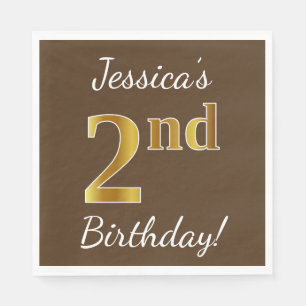 Serviette Jetable Brown, Faux Gold 2e anniversaire + Nom personnalis