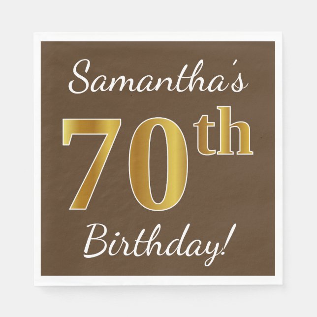 Serviette Jetable Brown, Faux Gold 70e anniversaire + Nom personnali (Devant)