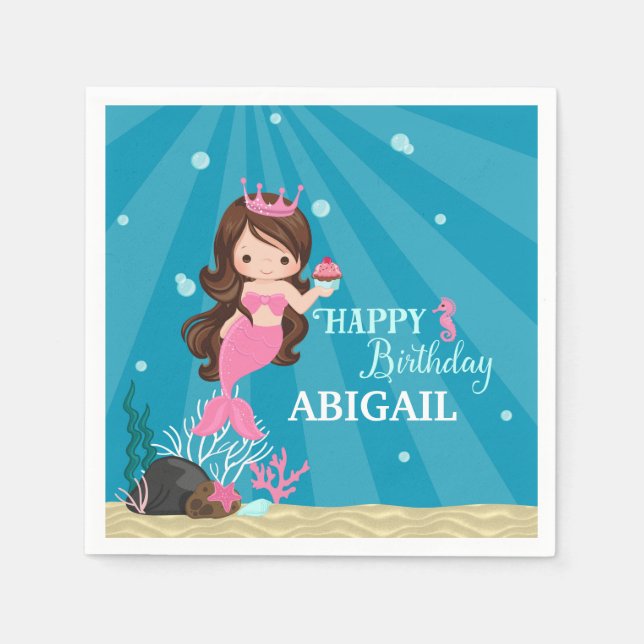 Serviette Jetable Brunette Mermaid Anniversaire (Devant)