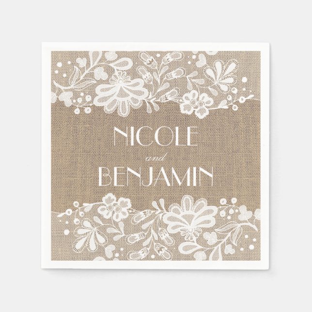 Serviette Jetable Burlap et dentelle Vintage Mariage élégant (Devant)