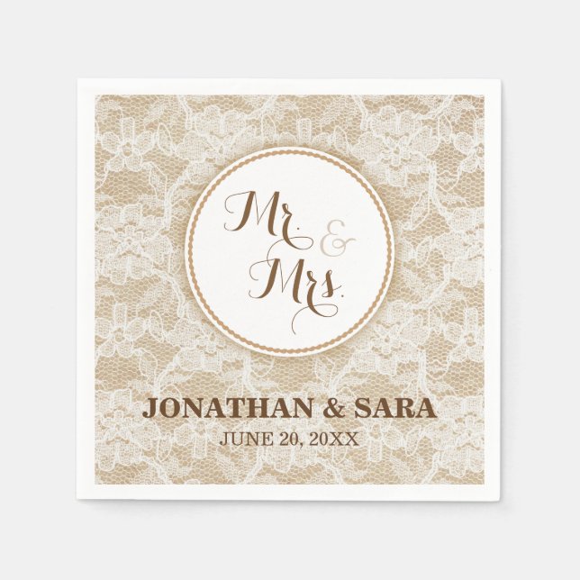 Serviette Jetable Burlap et Lace, Mr & Mrs Mariage personnalisé (Devant)