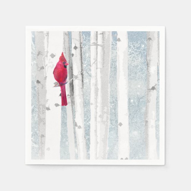 Serviette Jetable Cardinal Rouge dans la belle forêt de Birch Tree (Devant)