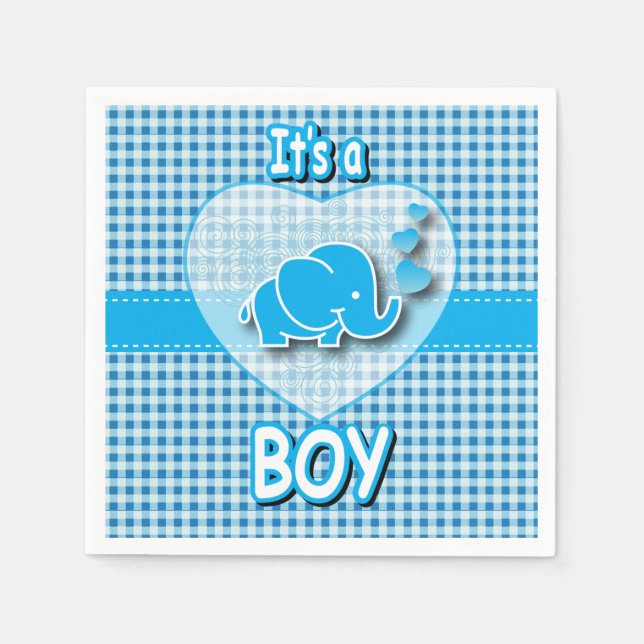 Serviette Jetable C'est un garçon, bleu & blanc avec un éléphant de  (Devant)