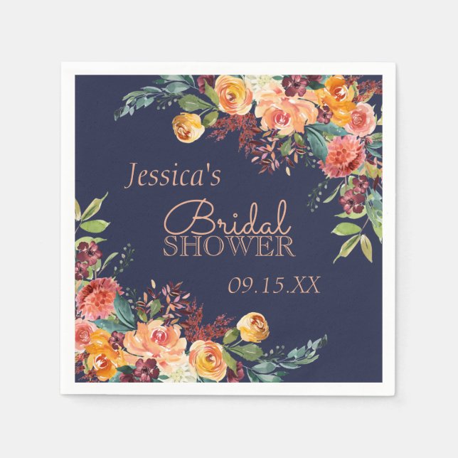 Serviette Jetable Chaleureux Floral Marine Bleu Personnalisé Napkin (Devant)