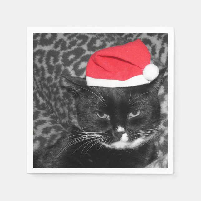 Serviette Jetable Chat de Noël avec casquette Père Noël (Devant)