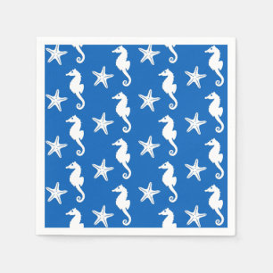 Serviette Jetable Cheval de mer et poisson d'eau - blanc sur bleu co
