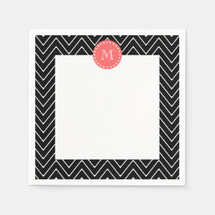 Serviette Jetable Chevron noir et corail avec Monogramme personnalis