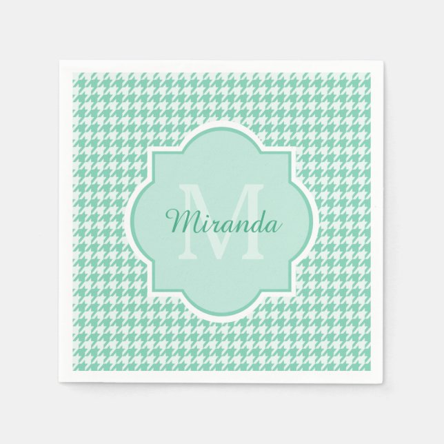 Serviette Jetable Chic Monogram Mint Green Houndstooth Avec Nom (Devant)