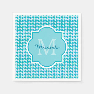Serviette Jetable Chic Monogramme Turquoise Houndstooth Avec Nom