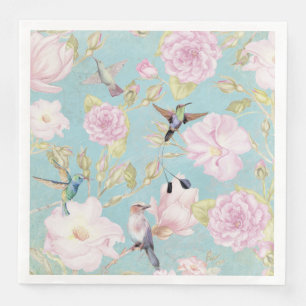Serviette Jetable Chic Pastel Turquoise Roses Vintages Motif colibri