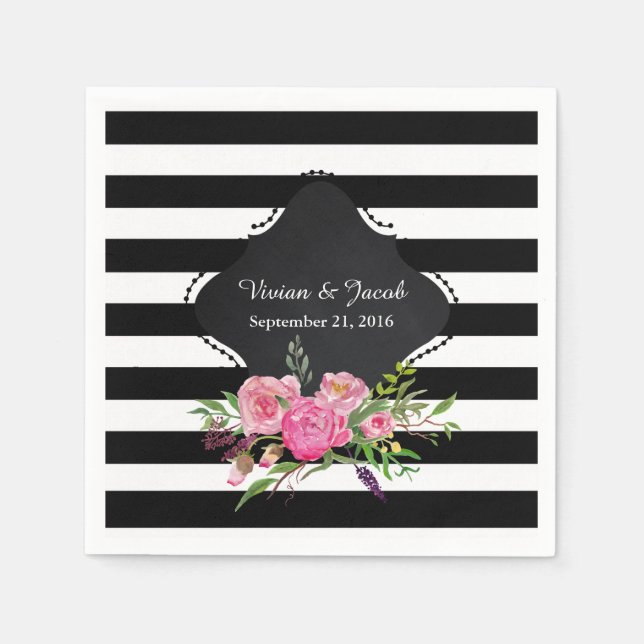 Serviette Jetable Chic Stripes et Peonies Mariage Napkin (Devant)