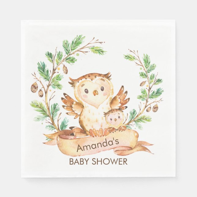 Serviette Jetable Chouettes en bois Baby shower Papier Naples (Devant)