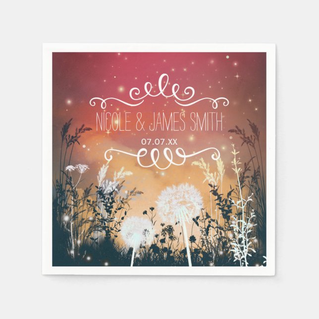 Serviette Jetable Ciel de soirée rouge enchanté étoiles et feuillage (Devant)