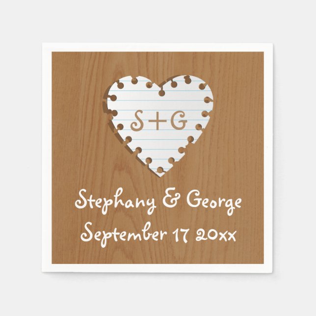 Serviette Jetable Coeur de papier sur bois avec mariage monogramme (Devant)
