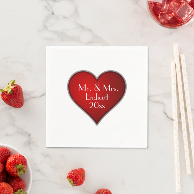 Serviette Jetable Coeur rouge romantique avec nom et Mariage Date (En situation)