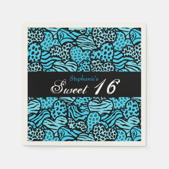 Serviette Jetable Coeurs motifs d'animaux bleus Sweet 16 Napkin (Devant)