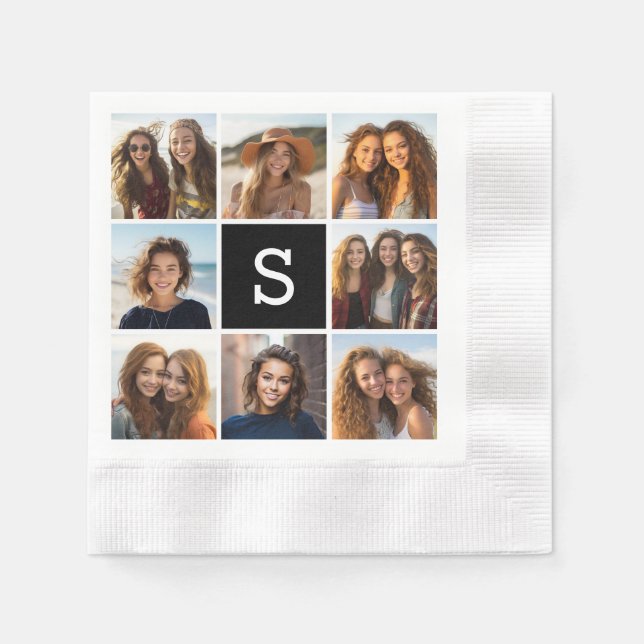 Serviette Jetable Collage photo noir et blanc Monogramme personnalis (Devant)