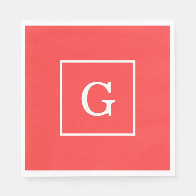 Serviette Jetable Corail rouge blanc encadré Monogramme initial (Devant)