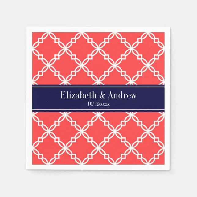 Serviette Jetable Coral Red Fancy Quatrefoil Navy (Devant)