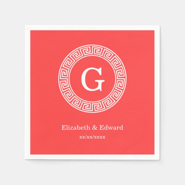 Serviette Jetable Coral Rouge Wht Grille grecque cadre de ligne de c (Devant)