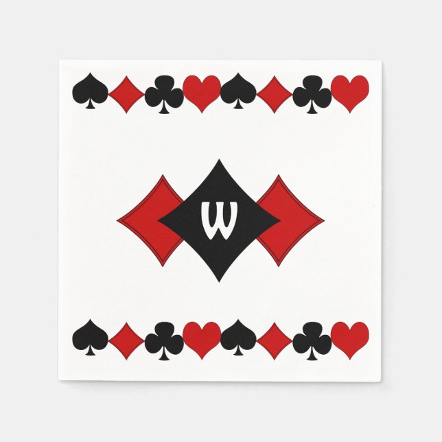 Serviette Jetable Costumes de cartes Art Déco rouge et noir - Monogr (Devant)