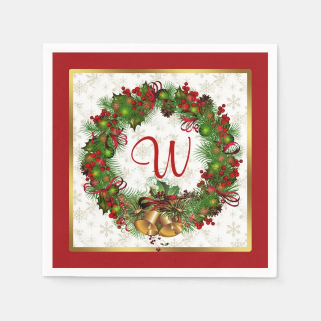 Serviette Jetable Couronne de Noël, cloches, monogramme sacré (Devant)