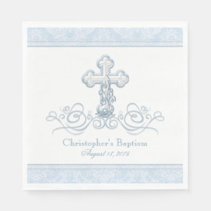 Serviette Jetable Croix de Damas bleu Baptême Communion serviettes