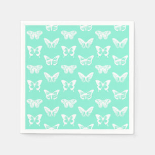 Serviette Jetable Croquis papillon, aqua et blanc