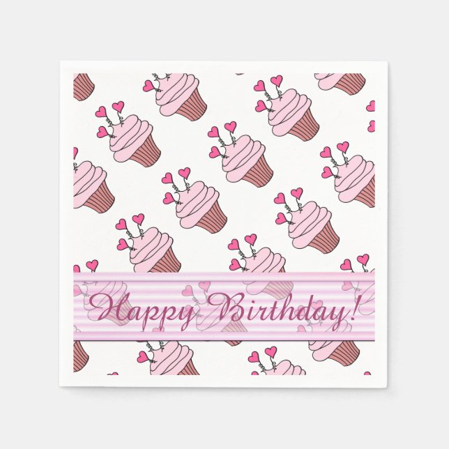Serviette Jetable Cupcakes Coeur Rose et Blanc Cute Anniversaire ser (Devant)