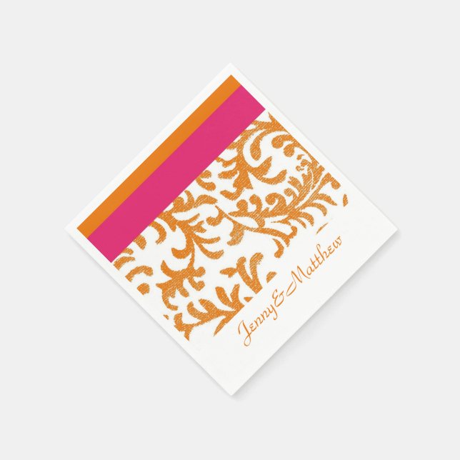 Serviette Jetable Damas florales orange et rose chaud (Coin)