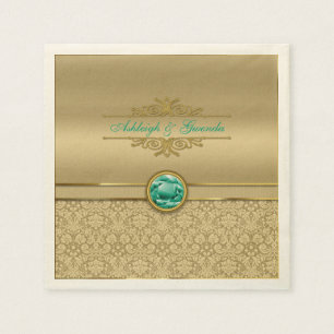 Serviette Jetable Damassé métallique d'or de pierre gemme de vert